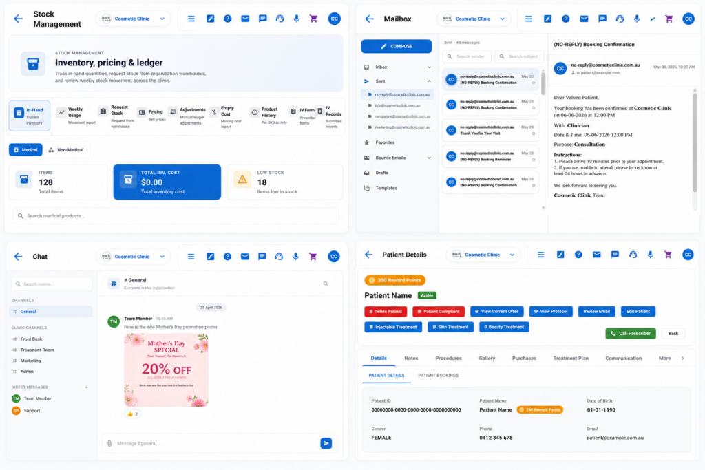 Cosmetic clinic software dashboard showing inventory management, patient records, team chat, appointment communications and clinic operations tools.